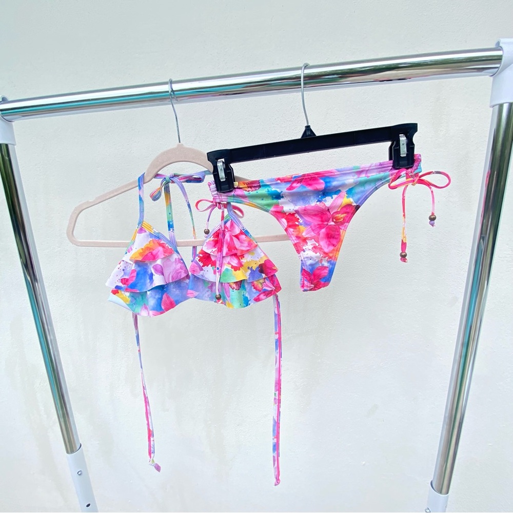 Y2K Vastago Multicolor Abstract Ruffle Bikini Set Size Small 34